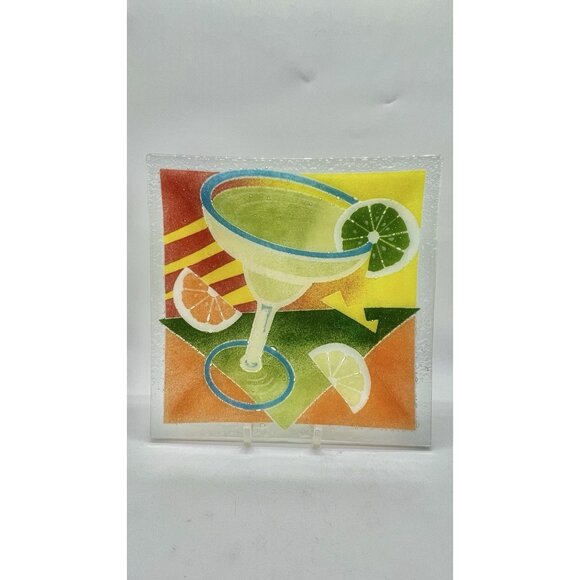 Peggy Karr Fused Glass Margarita Lemon Square Plate Dish 9.5”